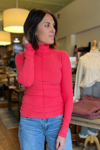 Slim Fit Ribbed Turtleneck Long Sleeve Top in Tomato