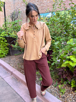 Tan Peter Pan Collared Thermal Long Sleeve
