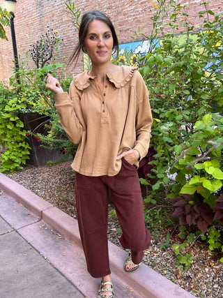 Tan Peter Pan Collared Thermal Long Sleeve