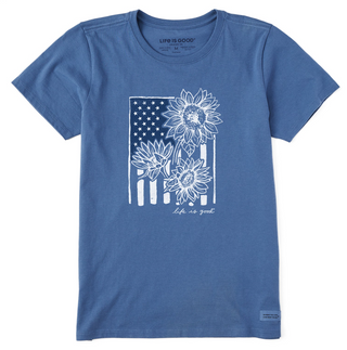 Women's Life Is Good Sunflower Flag Short Sleeve Tee