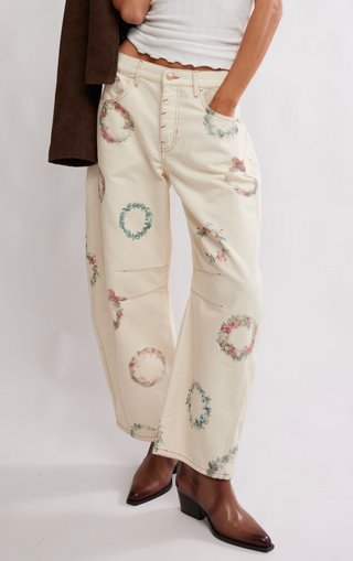 We The Free Good Luck Printed Barrel Jeans in Watercolor Wreath