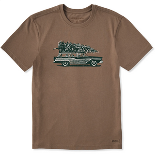 Men's Life is Good Photo Christmas Tree Wagon Short Sleeve Crusher Tee