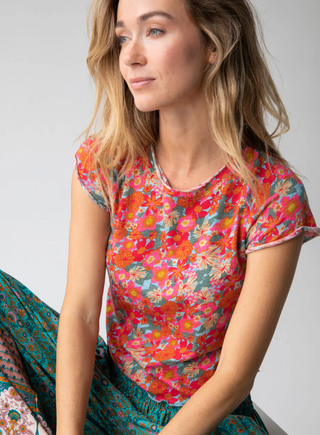 Lily Cotton Short Sleeve Tee Shirt - Pink Red Floral
