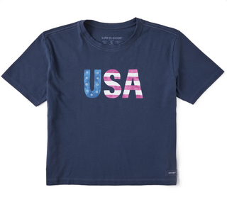 Women's Life is Good USA Daisy Watercolor Short Sleeve Crusher Boxy Tee
