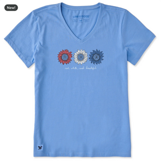 Women's Life is Good Red White and Beautiful Sunflowers Short Sleeve Crusher Tee