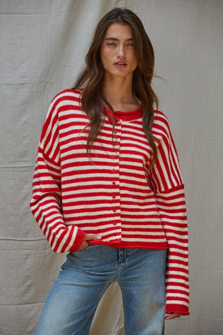 Red Striped Knit Sweater Cardigan