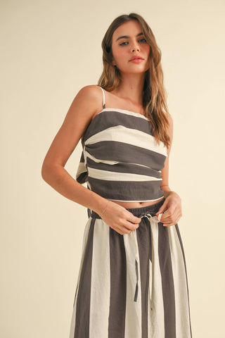 Brown/Cream Wide Stripe Tie Back Top